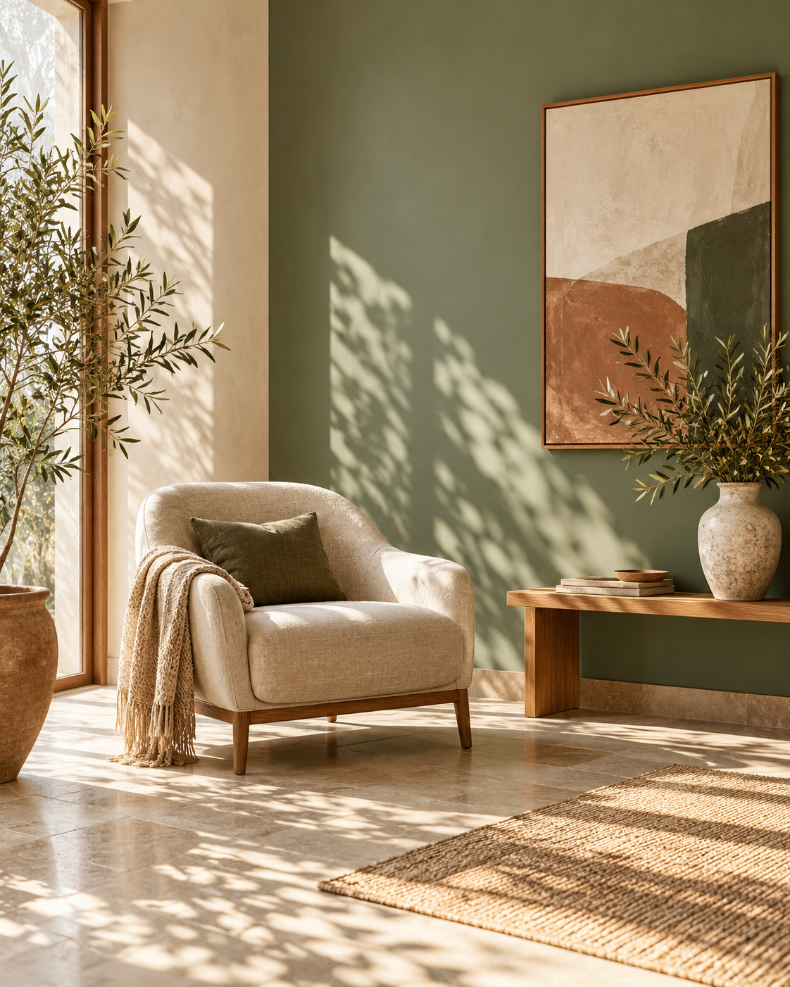 Illustrative warm consultation interior with timber furnishings and soft natural light
